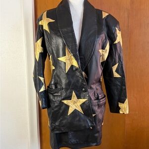 Vintage VAKKO Leather Star Jacket & Skirt Set Black Gold Size 6 Made in USA